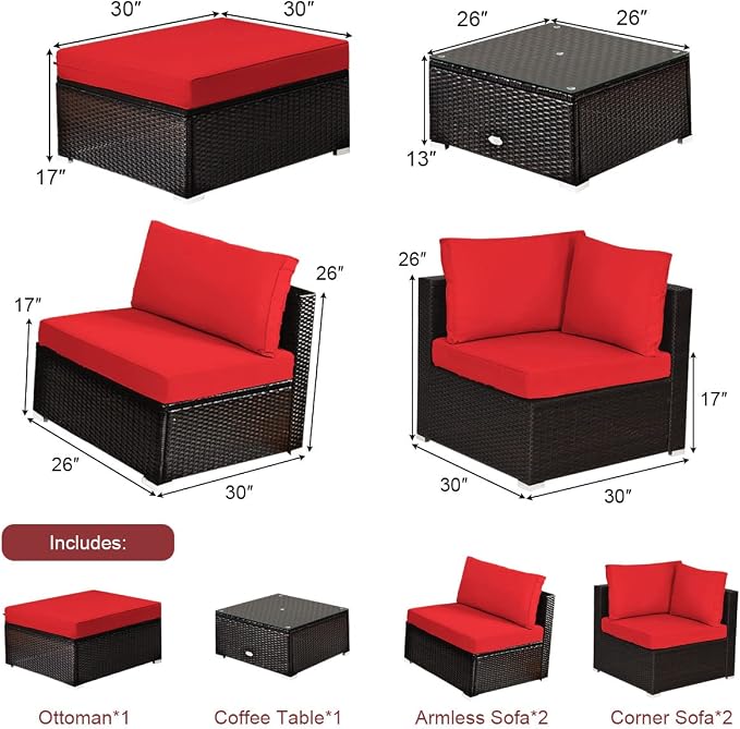 COSTWAY 6-Piece Outdoor Patio Furniture Set, Rattan Sectional Sofa Set with Tempered Glass Coffee Table, Cushions and Ottoman for Garden, Deck, Backyard (Red)