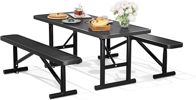 6FT Outdoor Metal Picnic Table with 2 Benches,Heavy Duty Rectangular Picnic Table Set for Outside, Waterproof Commercial Restaurant Table Furniture for Park, Campfield, Patio, Garden, Yard