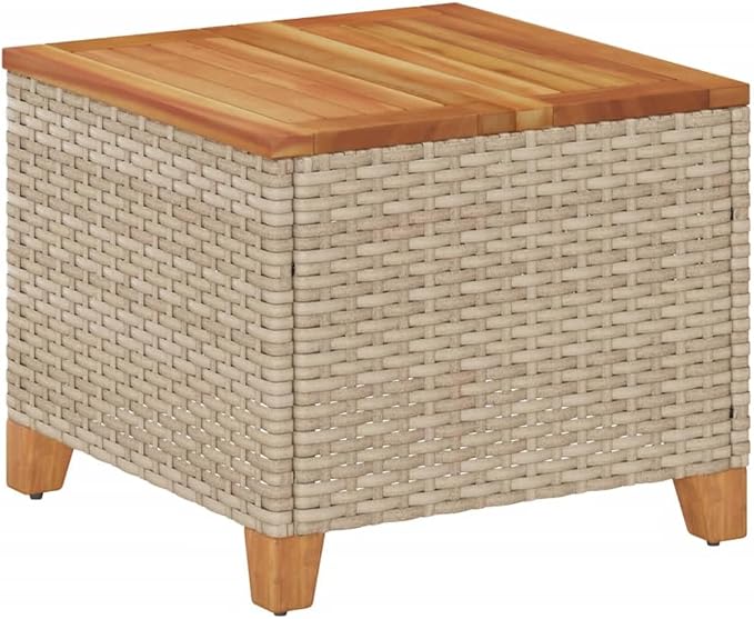 vidaXL Patio Table, Side Coffee Table with Steel Frame, Square Outdoor Table for Garden Backyard Balcony, Beige Poly Rattan Acacia Wood