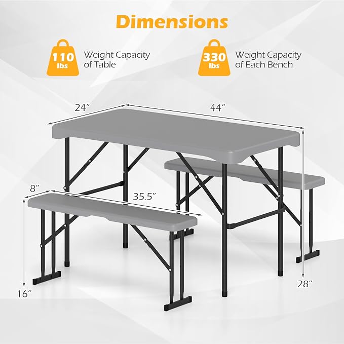 Giantex Folding Picnic Table Set w/ 2 Benches, 44" HDPE, Gray | Foldable Table & Chairs, All Weather Resistant, Space-Saving & Portable for Camping Party Dining BBQ, Large Weight Capacity
