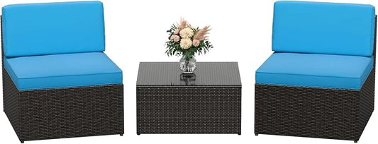 Devoko 3 Pieces Outdoor Patio Conversation Sets, Couch Sectional Sofa Rattan Chair Wicker with Tea Table, Furniture Bistro Sets for Garden,Balcony,Backyard, Blue