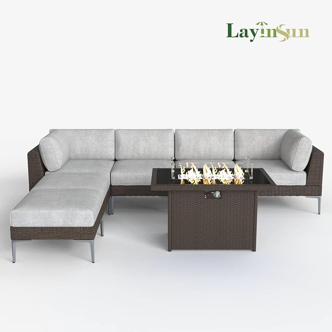 LayinSun 8-Piece Outdoor Modular Wicker Sectional Sofa with Fire Pit Table, Patio Furniture Conversation Set with Deep Seating and Thick Cushions