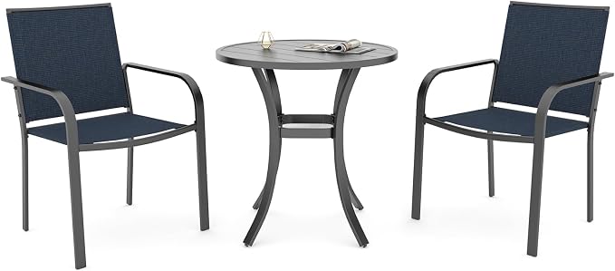 Anmutig Small Outdoor Patio Set with 27.5 Inch Round Dining Table and 2 Navy Blue Stackable Chairs