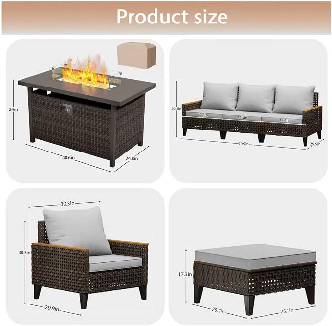 8 Piece Patio Sectional Sofa Set with 50000 BTU Fire Pit Table, All-Weather Wicker Rattan Outdoor Conversation Set, High Back, for Garden, Porch, Poolside, Gray