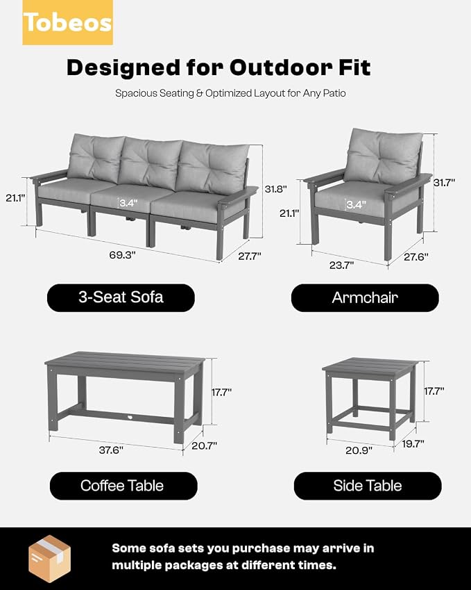 HDPE 3 Piece Patio Furniture Set, All-Weather Outdoor Couch Set with Thick Cushions, Patio Conversation Sets for Lawn, Garden, Porch, Deck, Balcony, Poolside, Grey Frame Grey Cushion