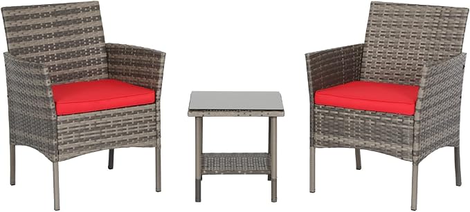 3 Pieces Patio Furniture Outdoor Bistro Set Outdoor&Indoor Conversation Set Coffee Table Chairs Set for 2 with Water-Resistant Cushions for Lawn Yard Garden Porch Balcony and Pool,Grey and Red