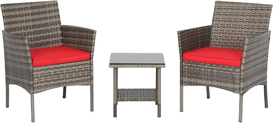 3 Pieces Patio Furniture Outdoor Bistro Set Outdoor&Indoor Conversation Set Coffee Table Chairs Set for 2 with Water-Resistant Cushions for Lawn Yard Garden Porch Balcony and Pool,Grey and Red