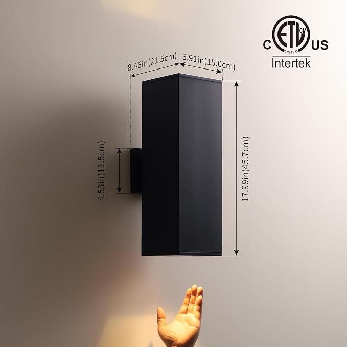 mirrea 18" Modern Outdoor Porch Light in 2 Lights, Matte Black, 4 Pack | Patio wall sconce, aluminum rectangular tube, tempered glass, waterproof. Up & down lighting for outdoor wall mount fixture.
