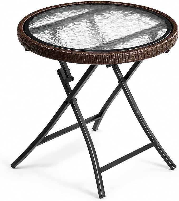 Outdoor Side Table, Round Rattan Patio Side Table with Tempered Glass Top, Foldable Wicker Accent Table for Garden, Balcony, Porch, Deck, Poolside & Indoor Use, Brown, 18.9" Diameter