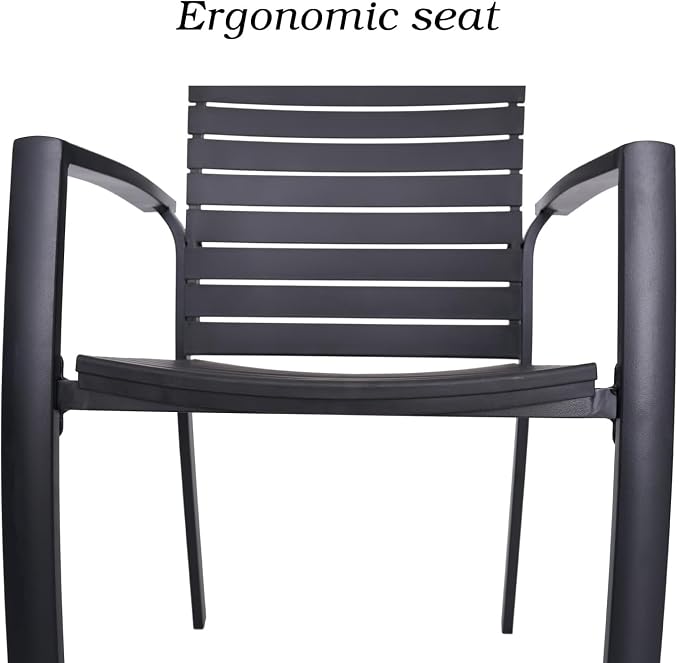 7 Piece Patio 29" Heigh Rectangular Table and Aluminum Chairs Dining Set | Aluminum Frame Chairs, Resin Chair Seat, Resin Chair Back, 6 Piece Stackable Chairs, 1 Piece Black Metal Table, 6 Person Set