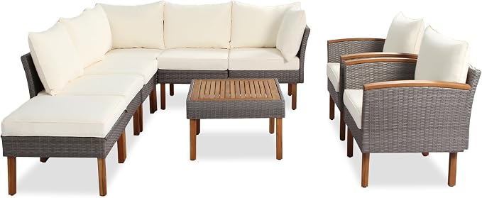 VilroCaz 9-Piece Outdoor Patio Sectional Sofa Set, PE Rattan Conversation Sofa Set with Acacia Wood Legs, Modern All Weather Outdoor Garden Furniture Set with Comfortable Cushion and Coffee Table