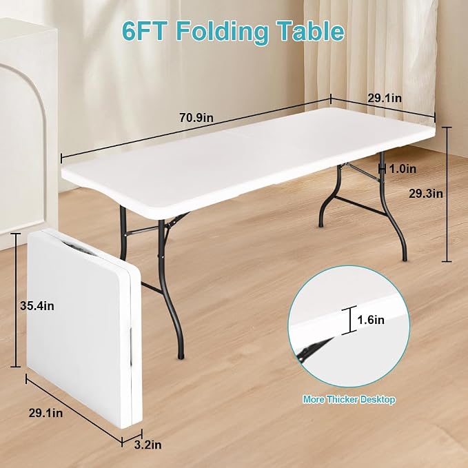 6FT Folding Tables Heavy Duty Folding Table, Multi-Functional Fold Up Table for Outdoor Camping Picnic Parties, Indoor Events White Training Table with 330lbs Static Weight Capacity