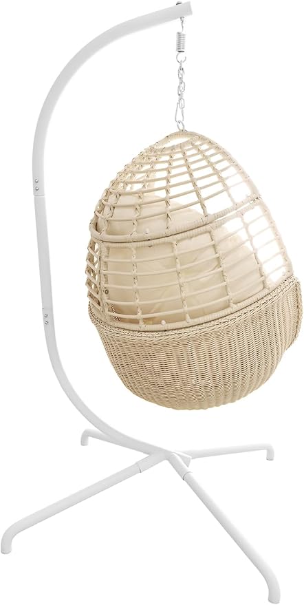 Eremi Hanging Egg Chair with Stand, Indoor Outdoor Wicker Rattan Swing Hammock Chair for Patio Porch Bedroom, Beige Cushioned Lounge Chair, 400 LBS Capacity