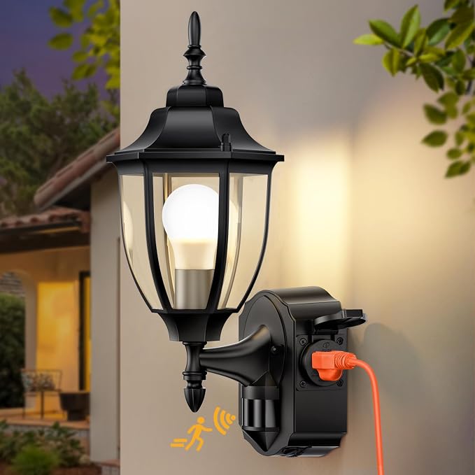Porch Lights with Outlet, Motion Sensor Outdoor Lights, Updated Dusk to Dawn Exterior Lighting Fixtures, Waterproof Anti-Rust Aluminum Outside Light for House Entryway Garage, Black