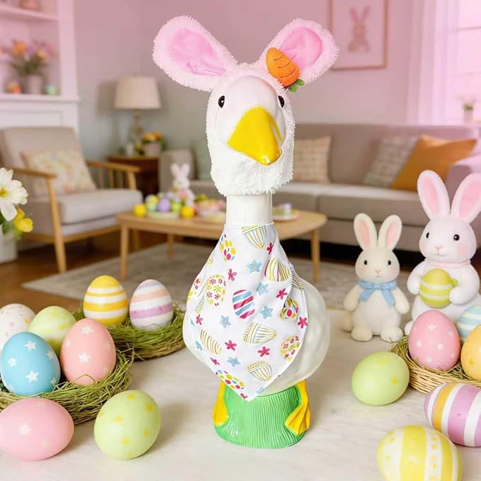 Easter Bunny Outfit for Porch Goose - Spring Costume with Adjustable Hat & Colorful Scarf, Cute Easter Basket Stuffers for 23" or 17" Lawn Statue Decor