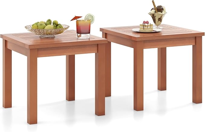 RELAX4LIFE Adirondack Outdoor Side Table Set of 2, 18’’ Square Eucalyptus Wood Indoor Outdoor End Table with Slatted Tabletop for Balcony Backyard Garden Porch Deck, Small Pool Side Patio Table (2)