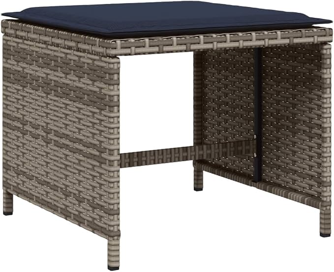 9 Piece Garden Dining Set with Cushions Grey Poly Rattan Outdoor Patio Furniture Table and 4 Chairs with Foldable Backrest Tempered Glass Top Navy Blue Cushions Space Saving Stackable