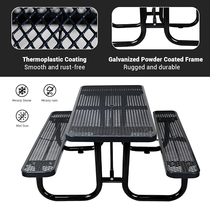 72" Thermoplastic Picnic Table with Umbrella Hole up to 1.5", Heavy Duty Commercial Picnic Table for Outdoor, Family & Party Ready for School Camping, Rectangular, Blue