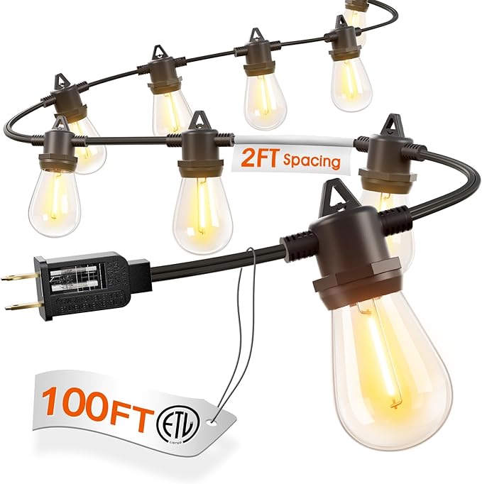 addlon 100FT Outdoor String Lights LED Waterproof Patio Lights with 54 Edison Dimmable Bulbs Shatterproof Hanging Lights for Outside Cafe Bistro Garden Balcony Porch Yard Gazebo Deck 2Packs*50FT
