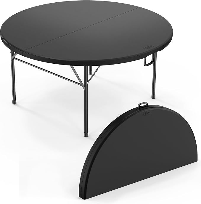 VINGLI 5 FT Black Round Bi-Folding Commercial Table, 60 inch Portable Plastic Dining Card Table for Kitchen Party Wedding Event, 2-Pack
