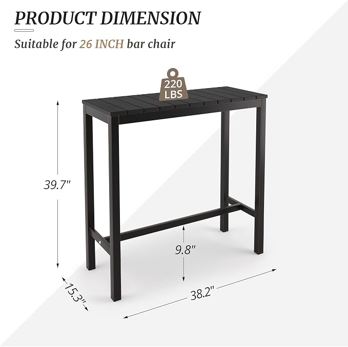 Cozyman Outdoor Bar Table, 38" Patio Bar Height Counter Console Table, Black Waterproof HDPS Slatted Top and Bronze Leg, Weather Resistant, Hot Tub, Balcony, Yard, Indoor or Outdoor Use
