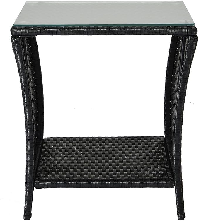 Outdoor Patio Wicker End Table Square Side Bistro Coffee Table with Glass Top Storage Shelf for Garden Lawn Backyard Black