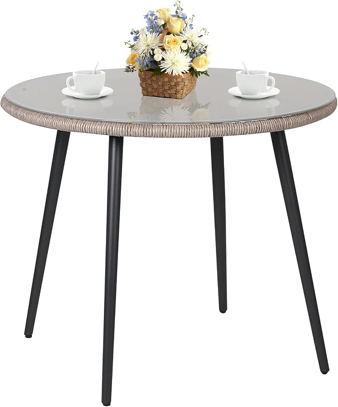 Patiorama Outdoor Dining Table, 35'' Patio Round Table, All-Weather Rope Rattan Wicker Patio Dining Table, Patio Tempered Glass Table with Umbrella Hole, Outdoor Coffee Table for Lawn Garden Pool(Tan)