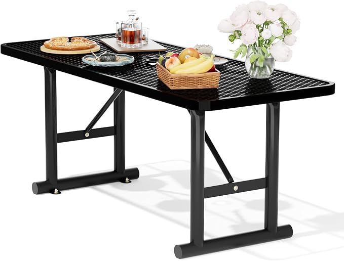 6FT Picnic Tables for Outdoors, Black Rectangular Heavy Duty Commercial Picnic Table with Umbrella Hole, Weather-Resistant Camping Table Dining Table for Backyard, Patio, Garden, Shops, Parks