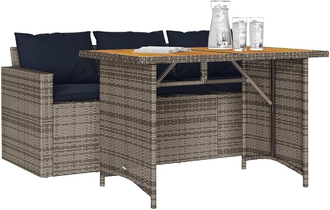 2 Piece Patio Dining Set with Cushions Gray Poly Rattan Outdoor Bistro Table and 3-Seater Sofa Set for Garden Backyard Deck, UV-Proof Acacia Wood Top, Removable Washable Cushion Covers