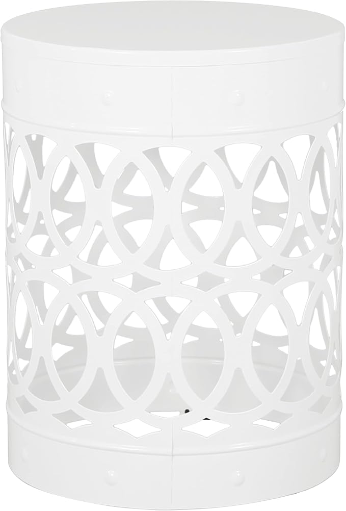 Outdoor Round Metal End Table Cut Out Design, Metal Round Patio Table Garden Stool Side Tables for Indoor Outdoor (White)