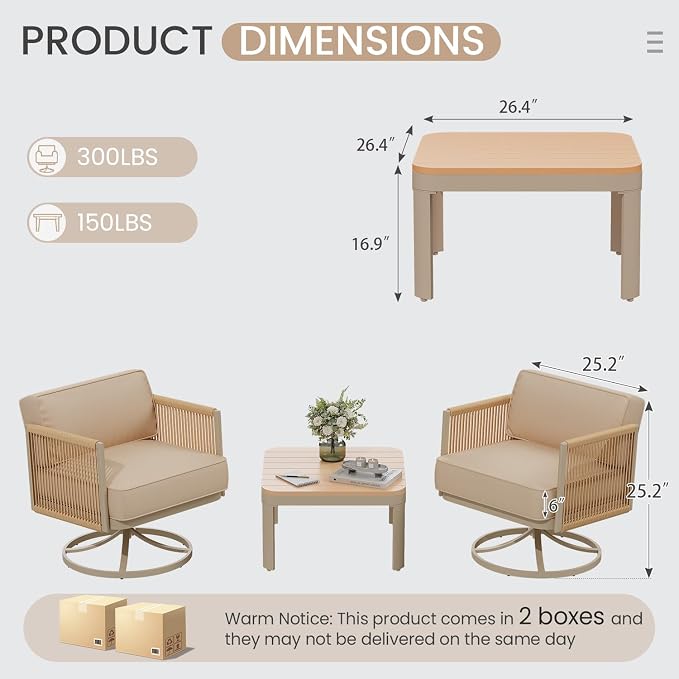 EROMMY 3 Pieces Patio Furniture Set, Metal Frame Outdoor Swivel Glider Rocking Chairs with 6" Thick Cushions & Metal Table, Patio Conversation Sets for Backyard, Poolside & Balcony, Beige