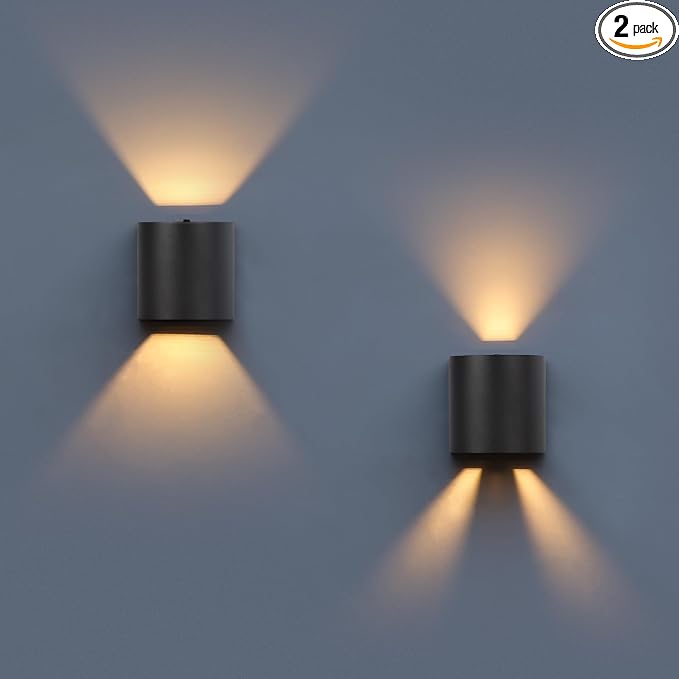 LUTEC 2-Pack LED Up & Down Adjustable Wall Lights,Anti-Rust Aluminium Modern Outdoor Indoor Wall Sconce, 10W, 400LM, 3000K Warm White Exterior Light, IP65 Waterproof for Porch, Patio, Garage-Black