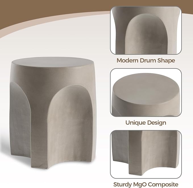COSIEST Concrete Side Table Drum Shape,17''H Outdoor Side Table, Patio Accent Table Cement End Tables, Garden Decorative Stool, Plant Stand Drum Table, Grey