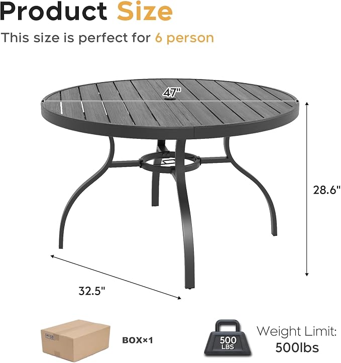 47" Round Outdoor Dining Table for 6, Metal Round Patio Table with Umbrella Hole, All-Weather Outdoor Patio Dining Table for Lawn Garden Deck Backyard (Black)