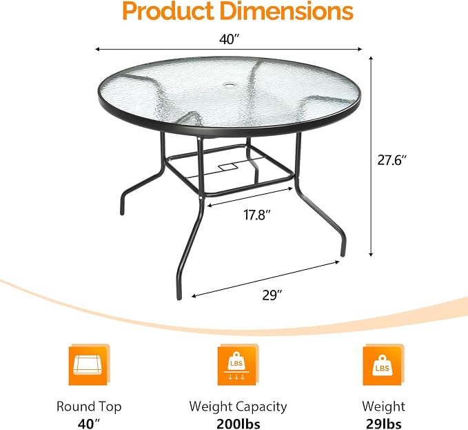 VINGLI Round Patio Table with Umbrella Hole, 40" Outdoor Dining Table Steel Tempered Glass Patio Tables Round Outdoor Tables for Balcony Garden Deck