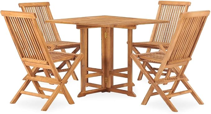5 Piece Folding Patio Dining Set Solid Teak Wood Outdoor Table and 4 Chairs Space Saving Furniture for Garden Deck Backyard Poolside Entertaining Weather Resistant