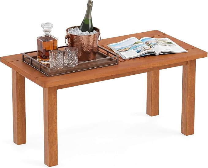 Tangkula 35.5 Inch Outdoor Coffee Table, Modern Rectangular Patio Table with Slatted Top, Teak Oil Finish, Solid Wood Coffee Table for Deck, Garden, Backyard, Indoor & Outdoor Use