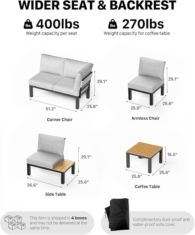 ZANDOR Aluminum Outdoor Modular Patio Furniture Set,10 Seat | Rustproof,High weight capacity,Water-repellent,Washable Cover,All-Weather Resistant,Easy clean,for Poolside Backyard Deck