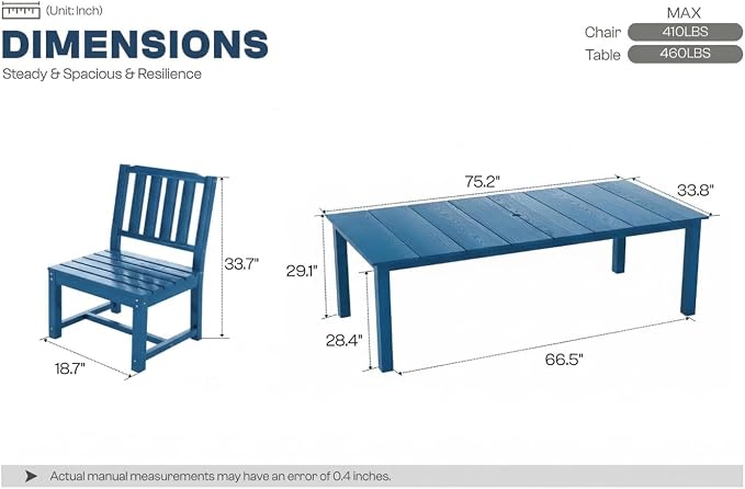 Perli™ 5-Piece Outdoor Dining Set, All-Weather HDPE Patio Furniture with 4 Armless Chairs and Rectangular Table, UV-Resistant 4-Person Set for Deck, Backyard, Blue
