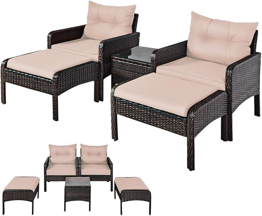 DORTALA 5 Pieces Patio Furniture Set, Outdoor Rattan Conversation Set with Cushions, Glass Table, Ottomans & Chairs, Wicker Sofa Set Backyard Porch Garden Balcony, Beige
