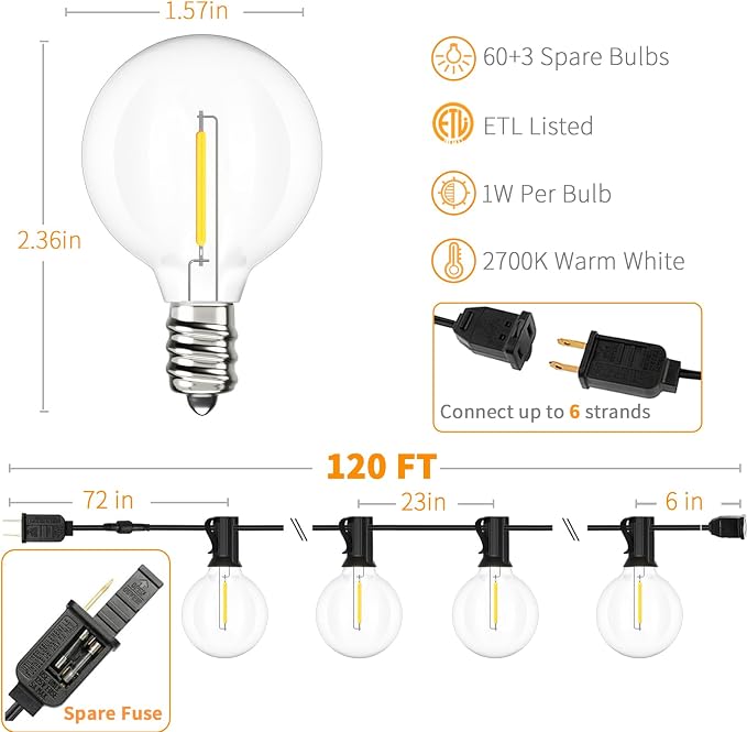 Svater Outdoor String Lights 120 FT Waterproof Patio Light 63 LED Bulbs | Shatterproof Globe Edison Bulbs, Dimmable, Connectable Plug-In Outside Light for Backyard Bistro Cafe Porch Party Warm White