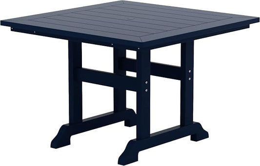 WestinTrends Malibu Outdoor Dining Table, All Weather Poly Lumber Adirondack 43" Trestle Square Patio Table with Umbrella Hole, Navy Blue