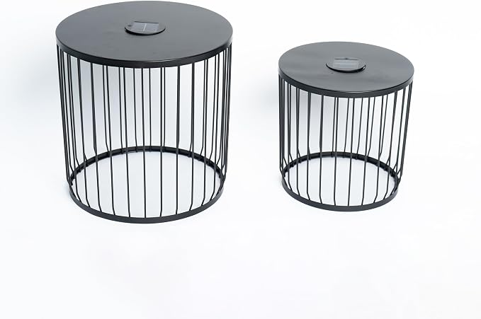 Solar Outdoor Side Table with Light Set of 2, Modern Round Patio Side Tables for Outside, Metal Outdoor End Accent Table for Living Room, Patio, Poolside, Backyard, Garden, Black