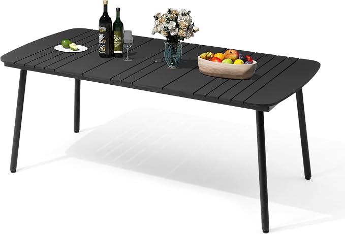 70" Outdoor Dining Table for 6, Black Patio Table | 1.6" Umbrella Hole Rectangle Table with Aluminum Frame and Waterproof Wood Grain Tabletop for Lawn Backyard Garden Poolside