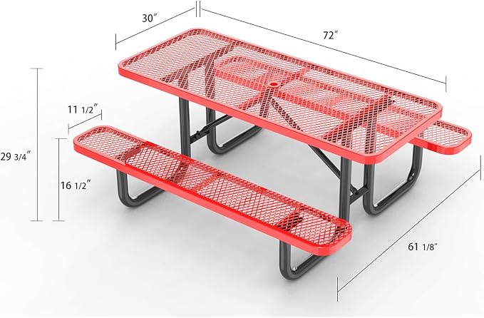 Heavy Duty 6' Rectangular Picnic Table, Expanded Metal, (72" Long) (Red)