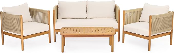 Christopher Knight Home Mayeq 4-Piece Acacia Wood Patio Furniture Set, Outdoor Conversation Sofa Set with Club Chair and Coffee Table, Patio Sectional Chat Set for Backyard Balcony, Teak+Cream