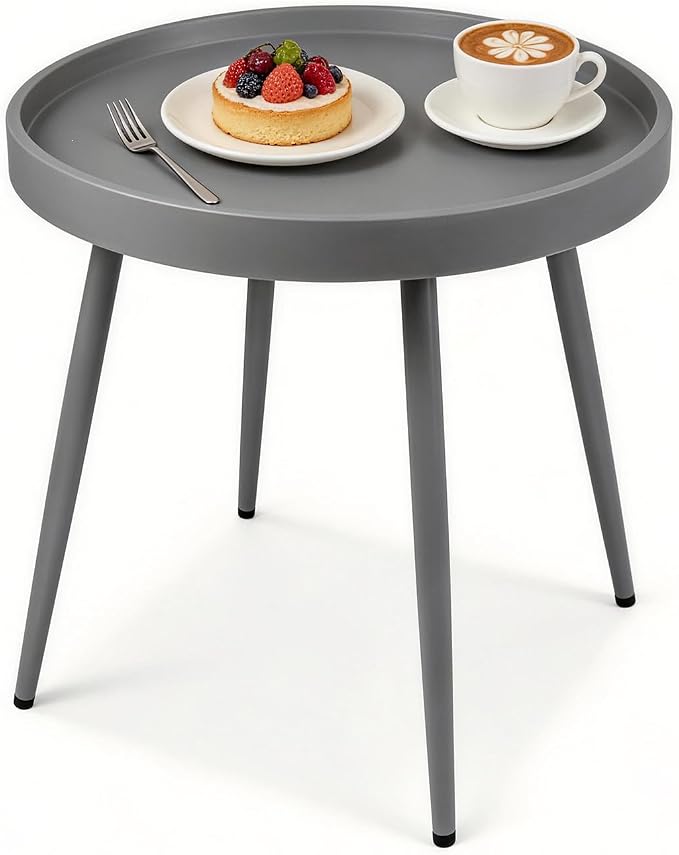Small Outdoor Side Table - Round Metal End Table with PP Desktop & Anti-Fall Fence - Mini Coffee Table for Small Spaces - Versatile Outdoor End Table for Patio, Couch, Bedside - Gray