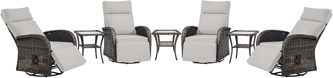 Belord 7 Piece Patio Furniture Set with 4 Swivel Recliner Chairs and 3 Side Tables, Dual-Adjust Wicker Chaise Lounge Chairs for Outdoor Patio Conversation, All-Weather Brown Rattan