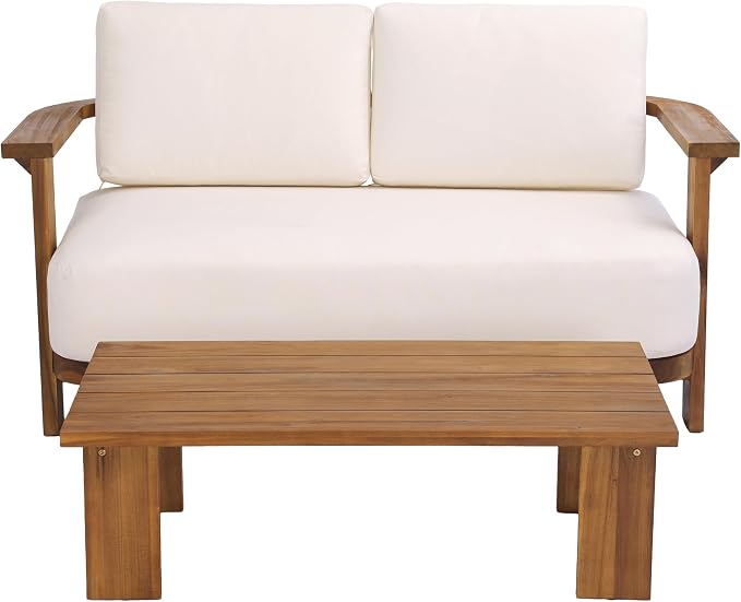 Christopher Knight Home Archer 2 Piece Loveseat Sofa and Coffee Table Set, Acacia Wood Patio Furniture Set with Removable Cushion, Patio Conversation Set with Slatted Design, Beige+Teak