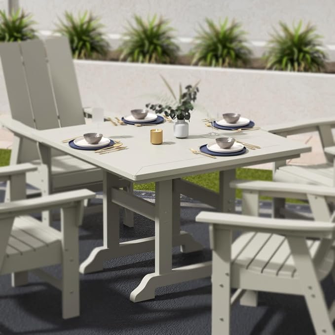WestinTrends Malibu Outdoor Dining Table, All Weather Poly Lumber Adirondack 43" Trestle Square Patio Table with Umbrella Hole, Sand